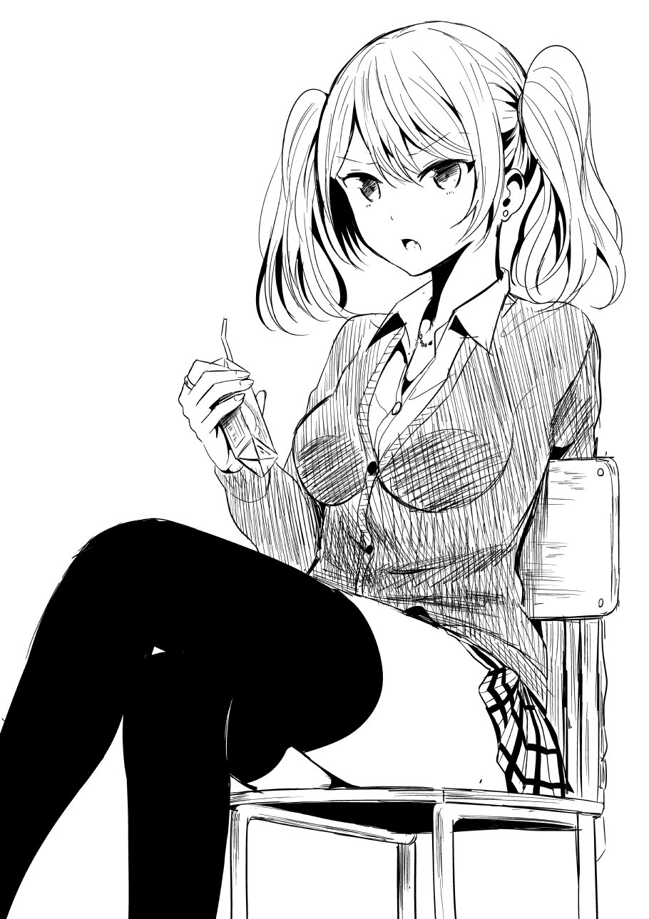:o attsun_(atsushi_jb) bangs black_legwear breasts cardigan chair crossed_legs earrings eyebrows_visible_through_hair greyscale hair_between_eyes highres holding jewelry juice_box medium_breasts monochrome open_mouth original plaid plaid_skirt pleated_skirt ring sitting sketch skirt solo stud_earrings thighhighs thighs twintails v-shaped_eyebrows