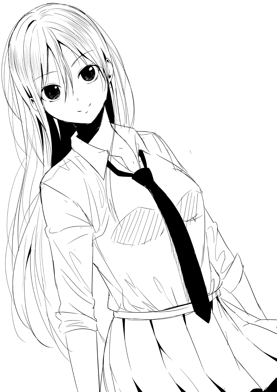attsun_(atsushi_jb) breasts closed_mouth collared_shirt dutch_angle greyscale hair_between_eyes highres lineart long_hair looking_at_viewer medium_breasts monochrome necktie original pleated_skirt school_uniform shirt simple_background sketch skirt sleeves_rolled_up smile solo white_background wing_collar