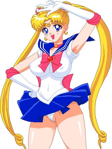 1girl 90s :d arm arm_up armpits bare_legs bare_shoulders bishoujo_senshi_sailor_moon blonde_hair blue_eyes breasts cameltoe choker double_bun earrings erect_nipples hair_ornament hand_on_hip jewelry large_breasts legs long_hair navel necklace open_mouth pixel_art ribbon sailor_moon school_uniform simple_background smile solo standing thong tiara tsukino_usagi twintails v very_long_hair warner white_background