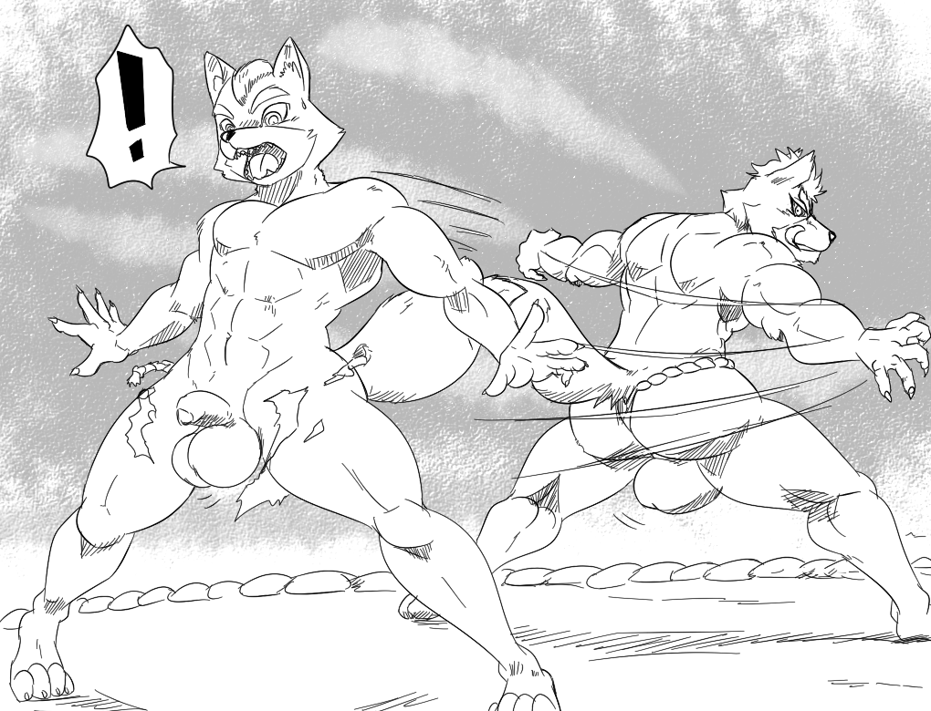 a-side abs anthro armpits biceps bulge butt canine clothed clothing duo fox fox_mccloud fundoshi japanese_clothing licking licking_lips male male/male mammal muscular nintendo nude pecs shocked star_fox tongue tongue_out topless torn_clothing underwear video_games wolf wolf_o'donnell wrestling