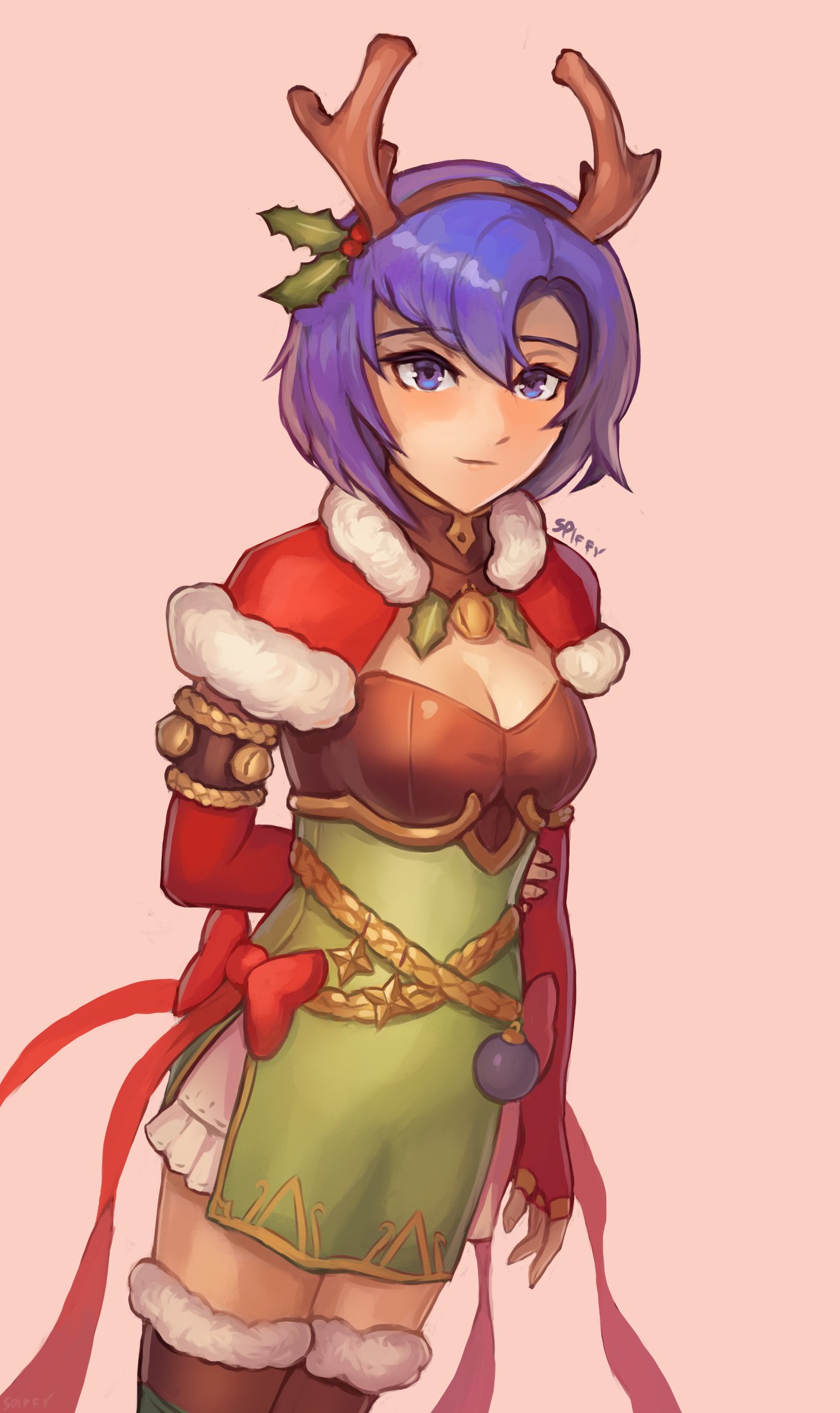 1girl antlers arm_behind_back artist_name blue_eyes blue_hair bow breasts cleavage closed_mouth dress elbow_gloves fingerless_gloves fire_emblem fire_emblem:_monshou_no_nazo fur_trim gloves highres katua nintendo pink_background red_bow red_gloves reindeer_antlers short_hair simple_background solo spiffydc thighhighs zettai_ryouiki