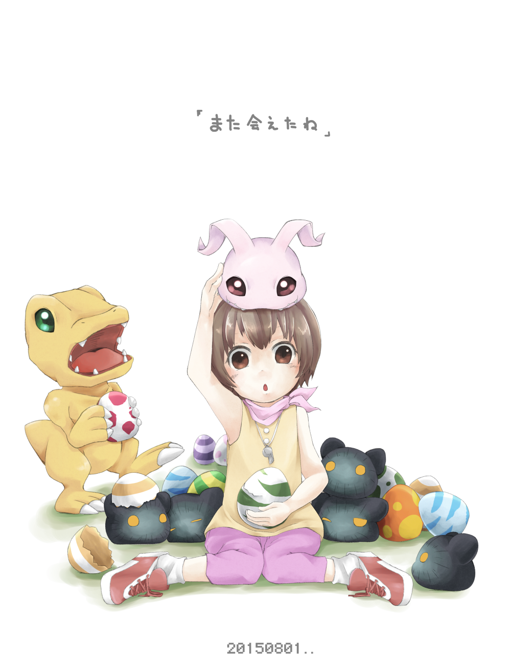 agumon botamon brown_eyes brown_hair digiegg digimon digimon_adventure hashimusubi highres koromon short_hair yagami_hikari