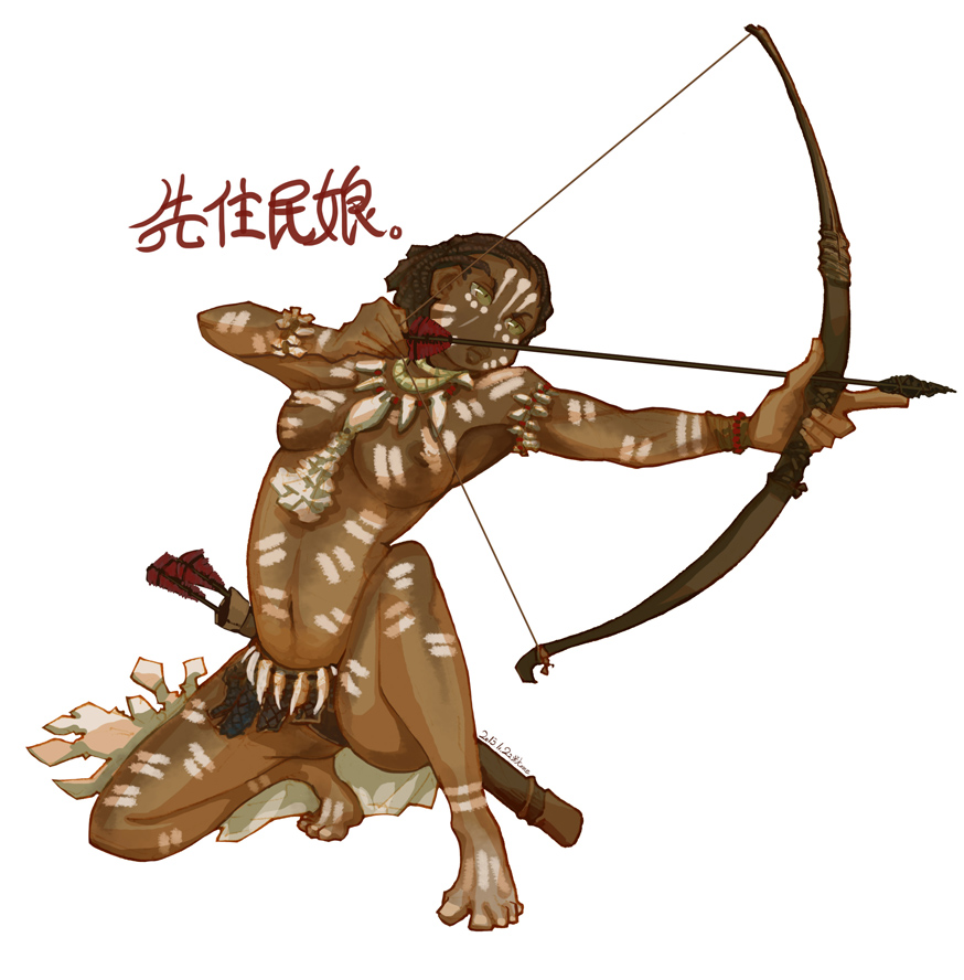 1girl arrow barefoot bow bracelet braid breasts brown_hair cornrows dark_skin dated face_paint facial_mark feet female full_body kneeling kome muscle necklace nipples original simple_background solo toes topless tribal weapon white_background