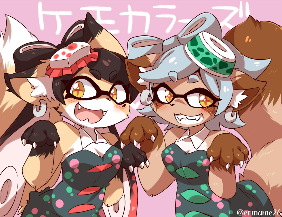 alternate_species black_hair blush breasts callie_(splatoon) canine claws cleavage clothed clothing cousins dress duo ear_piercing eromame fangs female fox fur hair japanese_text looking_at_viewer mammal marie_(splatoon) nintendo open_mouth orange_eyes piercing smile splatoon squid_sisters_(splatoon) tanuki text video_games white_hair yellow_eyes