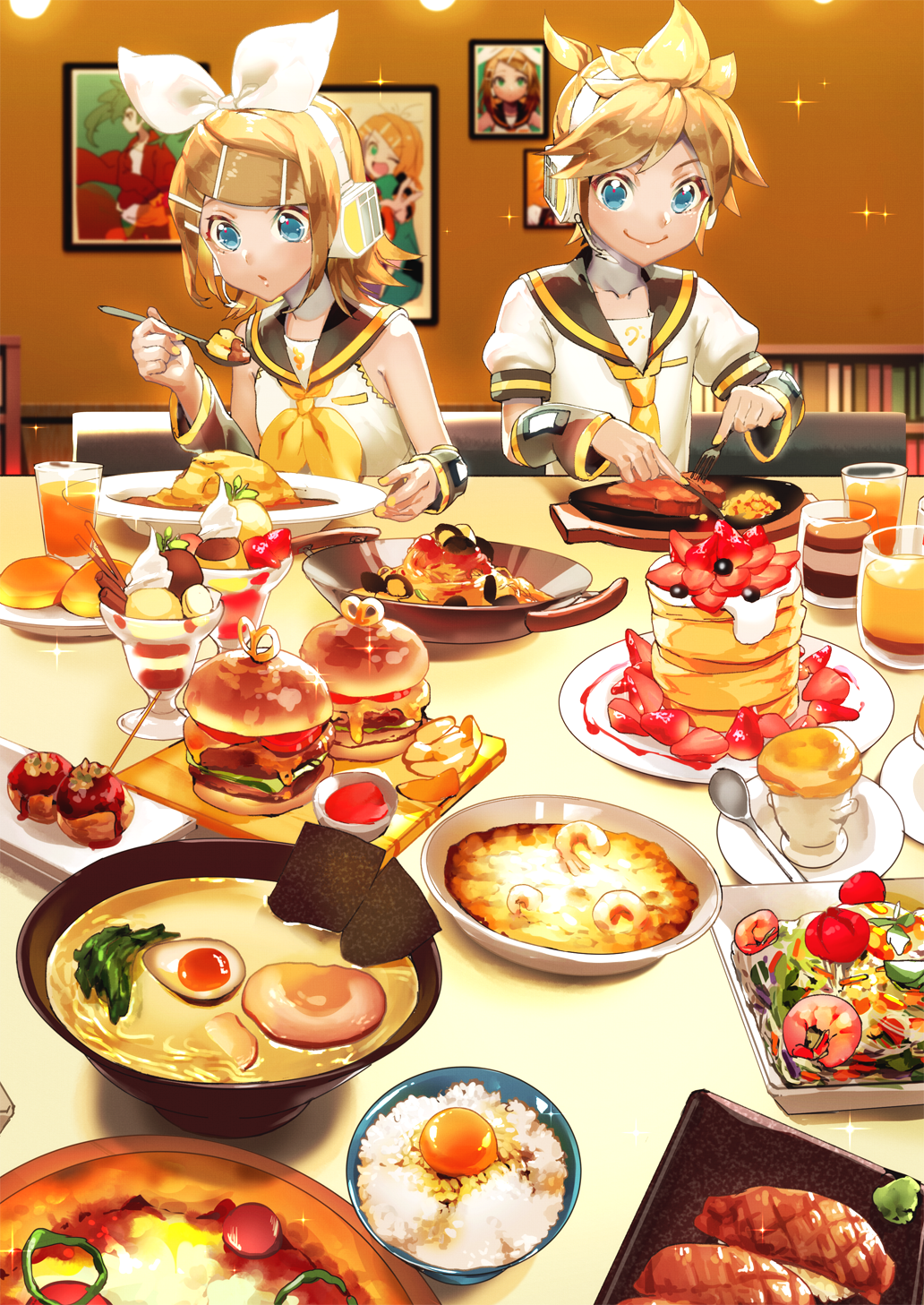 bangs bare_shoulders bass_clef blonde_hair blue_eyes bookshelf bow bowl cake clam commentary cream cup detached_sleeves drinking_glass eating egg egg_yolk food fork french_fries fruit green_hair hair_bow hair_ornament hairclip hamburger hatsune_miku headphones headset highres holding holding_fork holding_knife holding_spoon ice_cream kagamine_len kagamine_rin knife meat neck_ribbon necktie nigirizushi noodles nori_(seaweed) pasta photo_(object) plate pudding puffy_short_sleeves puffy_sleeves ramen ribbon rice sailor_collar saucer sawashi_(ur-sawasi) short_hair short_sleeves shrimp smile souffle_(food) soup spaghetti sparkle spiked_hair spoon steak strawberry suna_no_wakusei_(vocaloid) sundae sushi takoyaki tomato treble_clef vocaloid wafer_stick wasabi white_bow yellow_neckwear