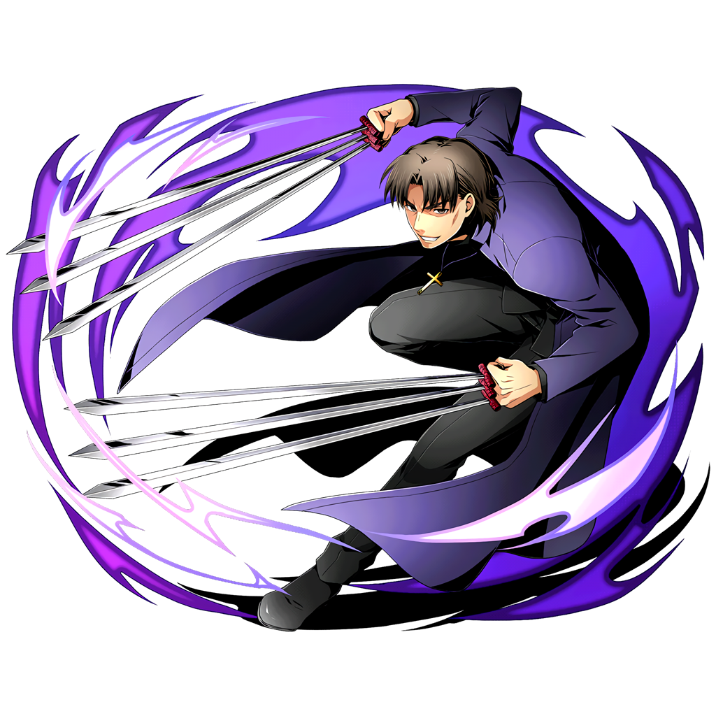 alpha_transparency black_keys black_pants black_shirt brown_eyes cloak cross cross_necklace divine_gate fate/stay_night fate_(series) full_body grin holding holding_sword holding_weapon jewelry kotomine_kirei male_focus necklace official_art pants purple_cloak shirt smile solo sword transparent_background ucmm weapon