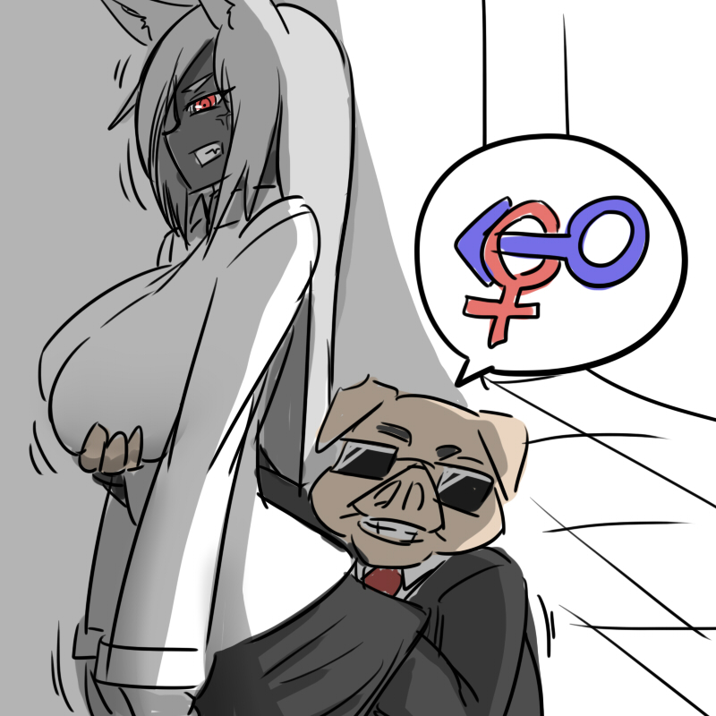 angry anthro breast_fondling breasts business_suit clothing dr.bug eyewear female fondling grope hair hand_on_breast humanoid long_ears long_hair male mammal necktie porcine red_eyes suit sunglasses