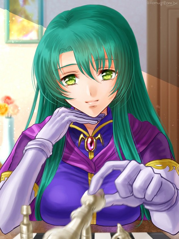 armor blurry board_game breast_rest breasts brooch cape cecilia_(fire_emblem) chess chess_piece chessboard depth_of_field elbow_gloves fire_emblem fire_emblem:_fuuin_no_tsurugi gem gloves green_eyes green_hair hanasaki_komugi holding jewelry lips long_hair looking_at_viewer medium_breasts sidelocks smile solo