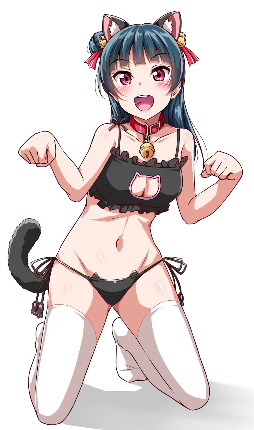 :d animal_ears bangs bell bell_collar black_bra black_panties blue_hair blush bra breasts cat_cutout cat_ear_panties cat_ears cat_lingerie cat_tail cleavage cleavage_cutout collar commentary_request frilled_bra frills hair_bell hair_ornament highres jingle_bell kneeling long_hair love_live! love_live!_sunshine!! medium_breasts meme_attire midriff navel no_shoes open_mouth panties paw_pose purple_eyes side-tie_panties side_bun smile solo tail thighhighs tsushima_yoshiko underwear white_background white_legwear yopparai_oni