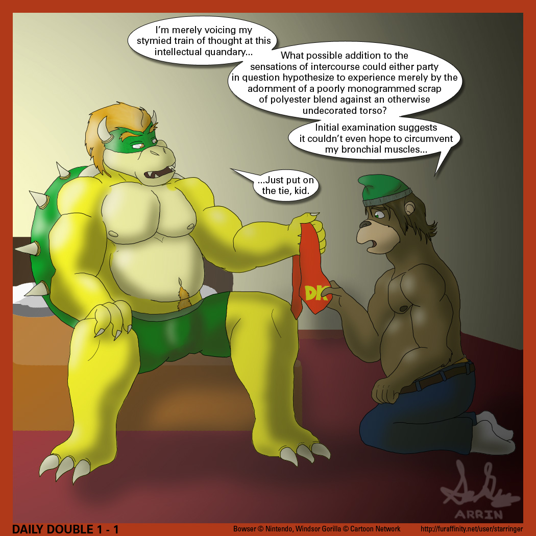 anthro ape barefoot beanie bedroom border bowser boxer_briefs bulge cartoon_network clothed clothing crossover dialogue duo english_text gorilla hat horn imminent_sex jeans kneeling legwear male male/male mammal mario_bros musclegut my_gym_partner's_a_monkey nintendo nipples pants primate scalie shell signature sitting slightly_chubby socks speech_bubble star_ringer text topless underwear video_games windsor_gorilla