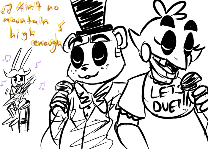 2015 :3 animatronic anthro avian bear bib bird bonnie_(fnaf) bow_tie buckteeth chica_(fnaf) chicken duet english_text eyes_closed female five_nights_at_freddy's freddy_(fnaf) group guitar hat holding_microphone inkyfrog lagomorph machine male mammal microphone musical_instrument musical_note playing_guitar playing_music rabbit restricted_palette robot simple_background singing sitting stool teeth text top_hat video_games white_background