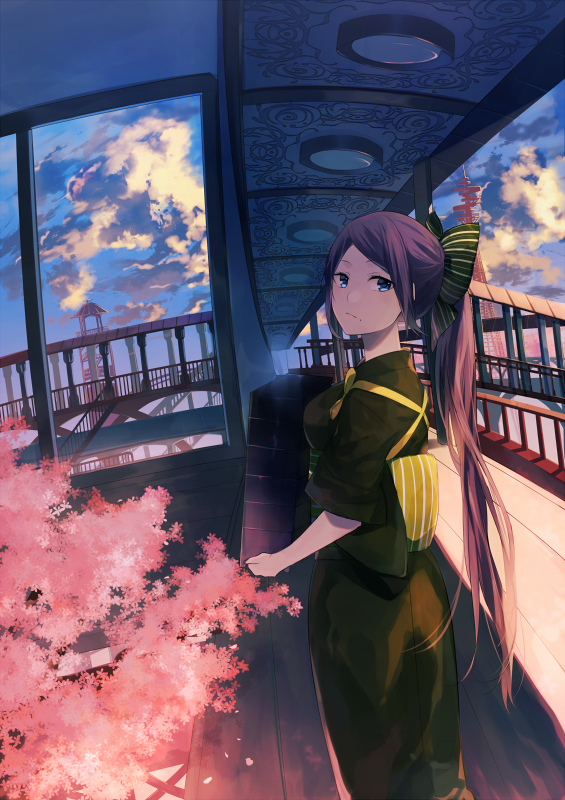 achiki blue_eyes blue_sky bow breasts brown_hair cherry_blossoms cloud cloudy_sky commentary evening from_behind green_bow green_kimono hair_bow holding japanese_clothes kimono long_hair looking_at_viewer looking_back medium_breasts mole mole_under_mouth nakai_(waitress) obi original railing sash sidelocks sky solo standing striped striped_bow tasuki tower very_long_hair