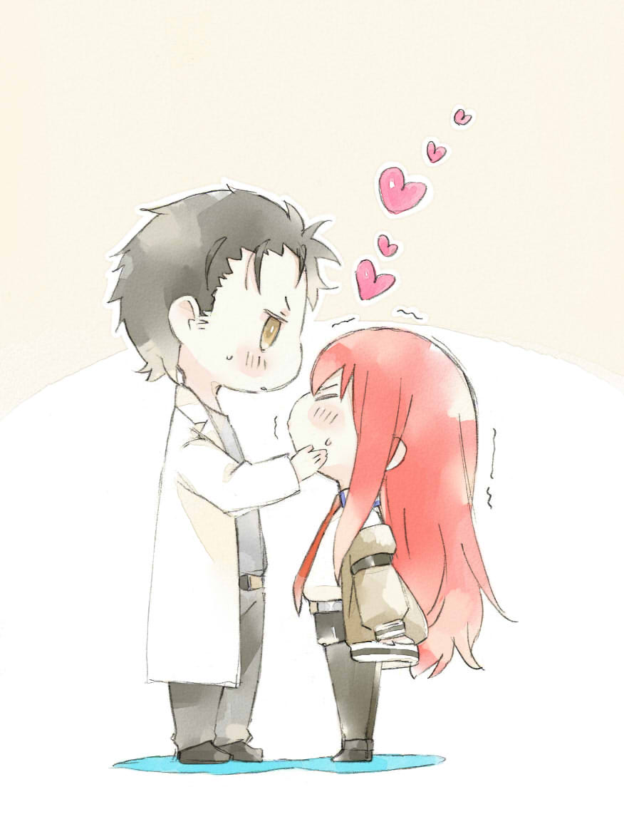 1girl belt black_hair blush_stickers chibi closed_eyes collared_shirt denim denim_shorts face-to-face full_body hand_on_another's_cheek hand_on_another's_face heart height_difference huwahuwa_youmou imminent_kiss jackets labcoat long_hair makise_kurisu necktie off_shoulder okabe_rintarou pants pantyhose puckered_lips red_hair shirt shoes short_hair shorts simple_background standing steins;gate sweatdrop thighhighs trembling yellow_eyes