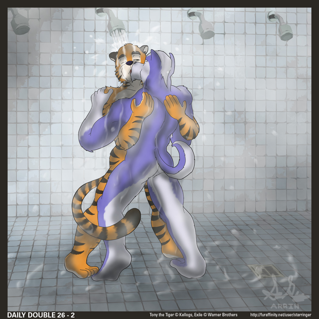 anthro barefoot border butt canine crossover dog dripping duo embrace english_text exile_(road_rovers) feline french_kissing frosted_flakes husky inside kellogg's kissing male male/male mammal mascot muscular nude one_eye_closed rear_view road_rovers shower_room simple_background standing star_ringer text tiger tony_the_tiger wet
