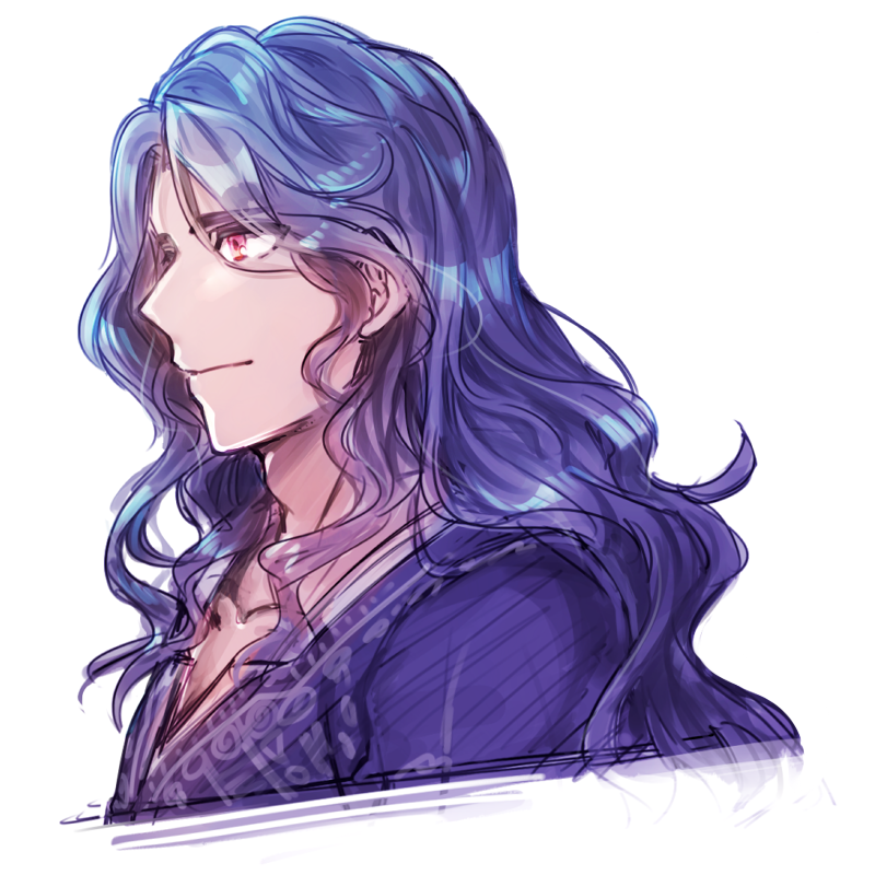 blue_hair collarbone hair_down harvest_moon long_hair ludus male_focus profile red_eyes sketch solo story_of_seasons:_trio_of_towns sumimoto_ryuu wavy_hair