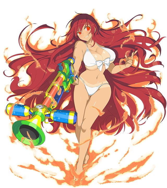 1girl bikini breasts flames homura_(senran_kagura) large_breasts red_hair senran_kagura senran_kagura_peach_beach_splash