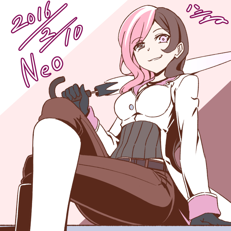 2016 arm_support belt black_gloves boots breasts brown_eyes brown_hair character_name commentary_request crossed_legs dated diagonal_stripes gloves h-new heterochromia knee_boots legs looking_at_viewer medium_breasts multicolored_hair neo_(rwby) pants pink_eyes pink_hair ribbed_sweater rwby sketch smirk solo striped striped_background sweater thighs umbrella