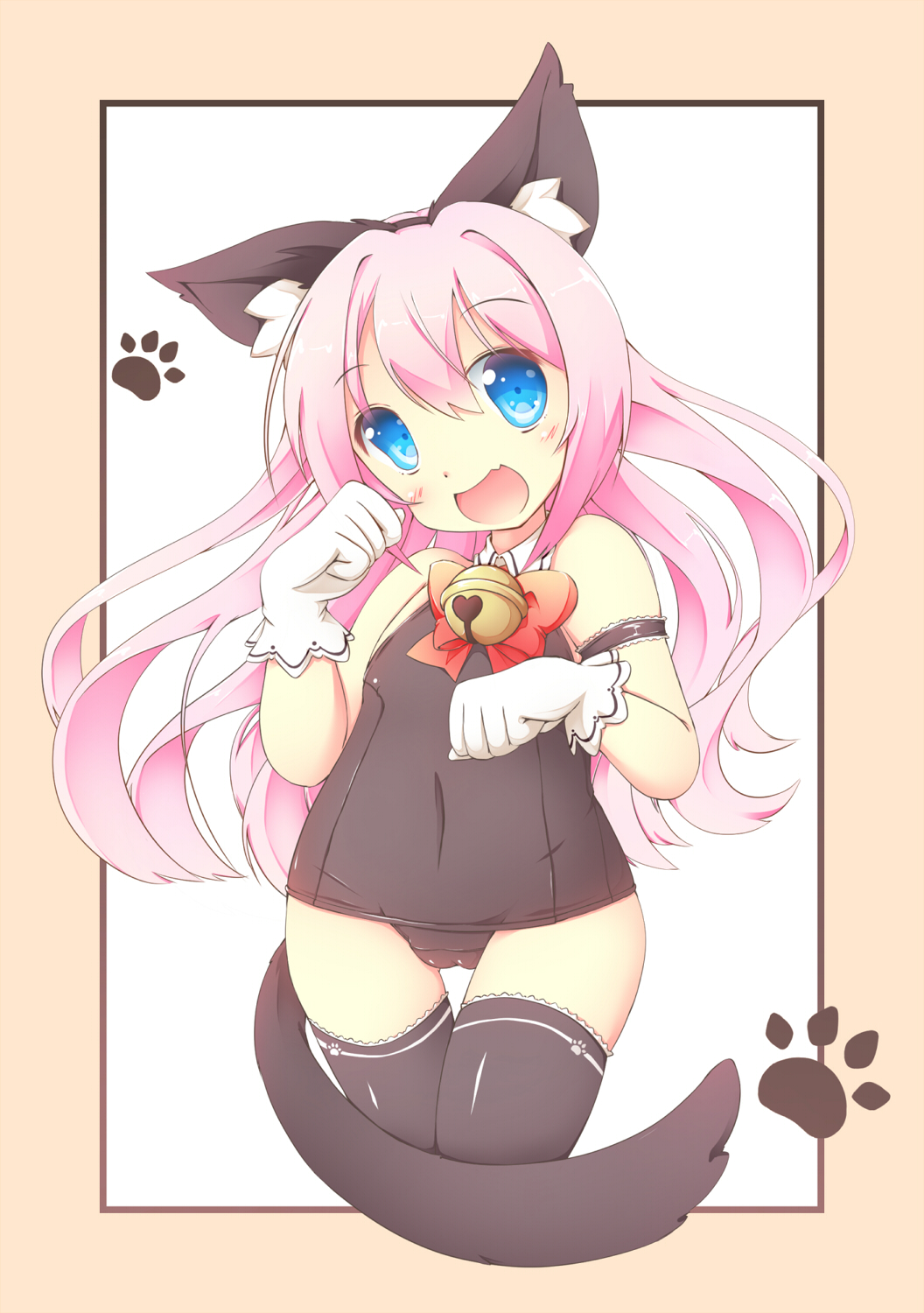 1girl animal_ears bell blush bodysuit cat_ears fang gloves highres kt_cano long_hair looking_at_viewer open_mouth original pink_hair simple_background tail thighs