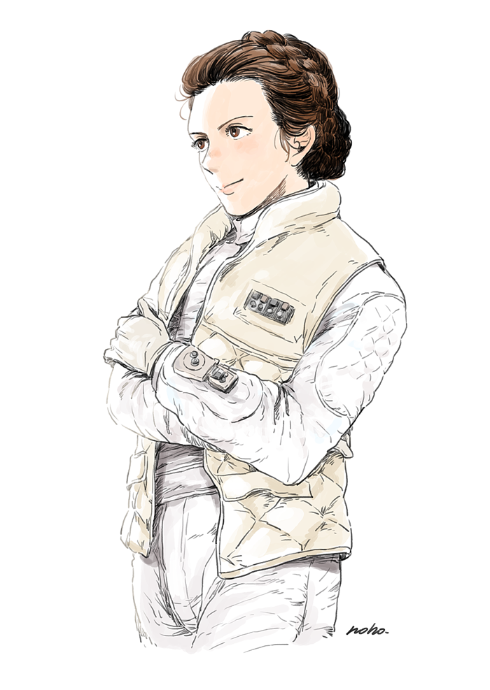 brown_eyes brown_hair gloves matsuri6373 military military_uniform officer princess_leia_organa_solo rebel_alliance science_fiction signature simple_background solo star_wars uniform vest
