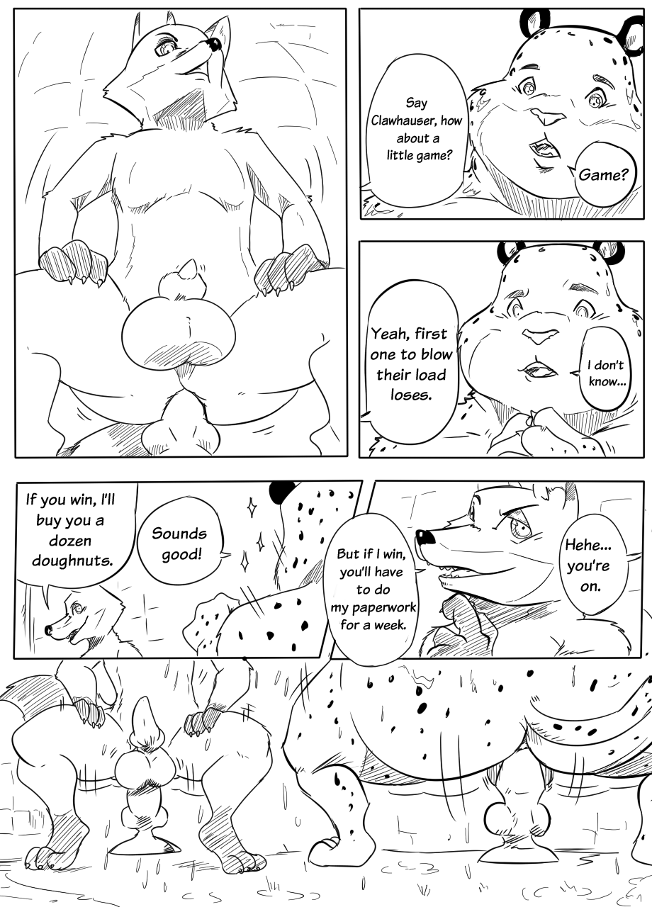 a-side anal anal_masturbation anthro balls benjamin_clawhauser canine cheetah comic dildo dildo_sitting disney feline fox male mammal masturbation monochrome nick_wilde overweight penetration penis sex_toy zootopia