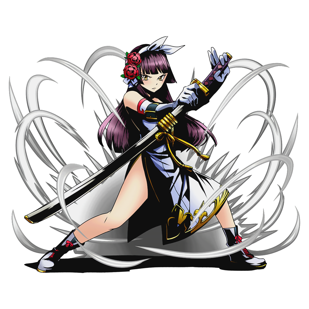 ankle_boots black_hair boots divine_gate dress fairy_tail flower full_body gloves hair_flower hair_ornament hair_ribbon hime_cut holding holding_sword holding_weapon kagura_mikazuchi katana long_hair looking_at_viewer official_art red_flower ribbon shadow sleeveless sleeveless_dress solo stance sword transparent_background ucmm weapon white_gloves white_ribbon yellow_eyes