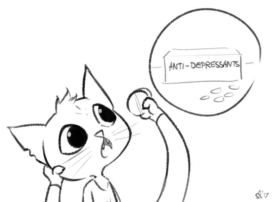 2017 alec8ter anthro anti_depressants black_and_white cat clothed clothing cute_fangs english_text feline female holding_object mae_(nitw) mammal medication monochrome night_in_the_woods open_mouth pills simple_background solo text whiskers white_background