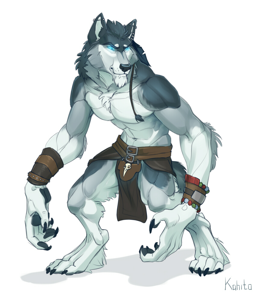 2015 abs anthro biceps canine chest_tuft clothed clothing glowing glowing_eyes kahito_slydeft_(artist) male mammal muscular pecs topless tuft wolf
