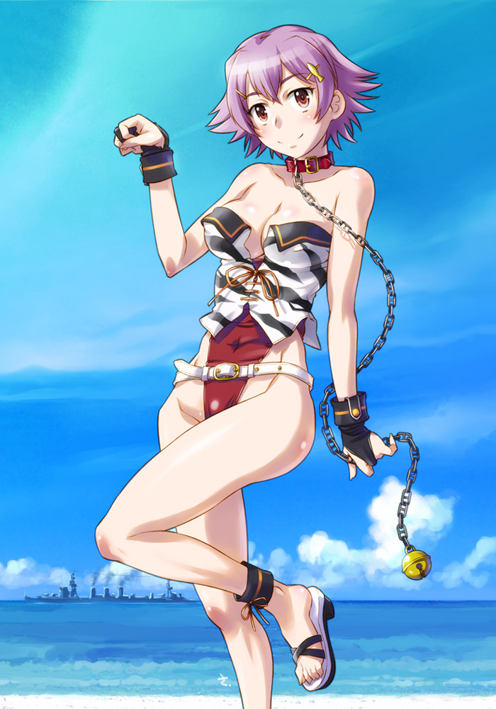 1girl bare_shoulders belt black_gloves blue_sky blush breasts chains cleavage closed_mouth cloud cruiser gloves kantai_collection large_breasts looking_at_viewer military military_vehicle ocean paw_pose purple_hair red_eyes remodel_(kantai_collection) sameha_ikuya sandals ship short_hair sky smile solo standing swimsuit tama_(kantai_collection) warship watercraft