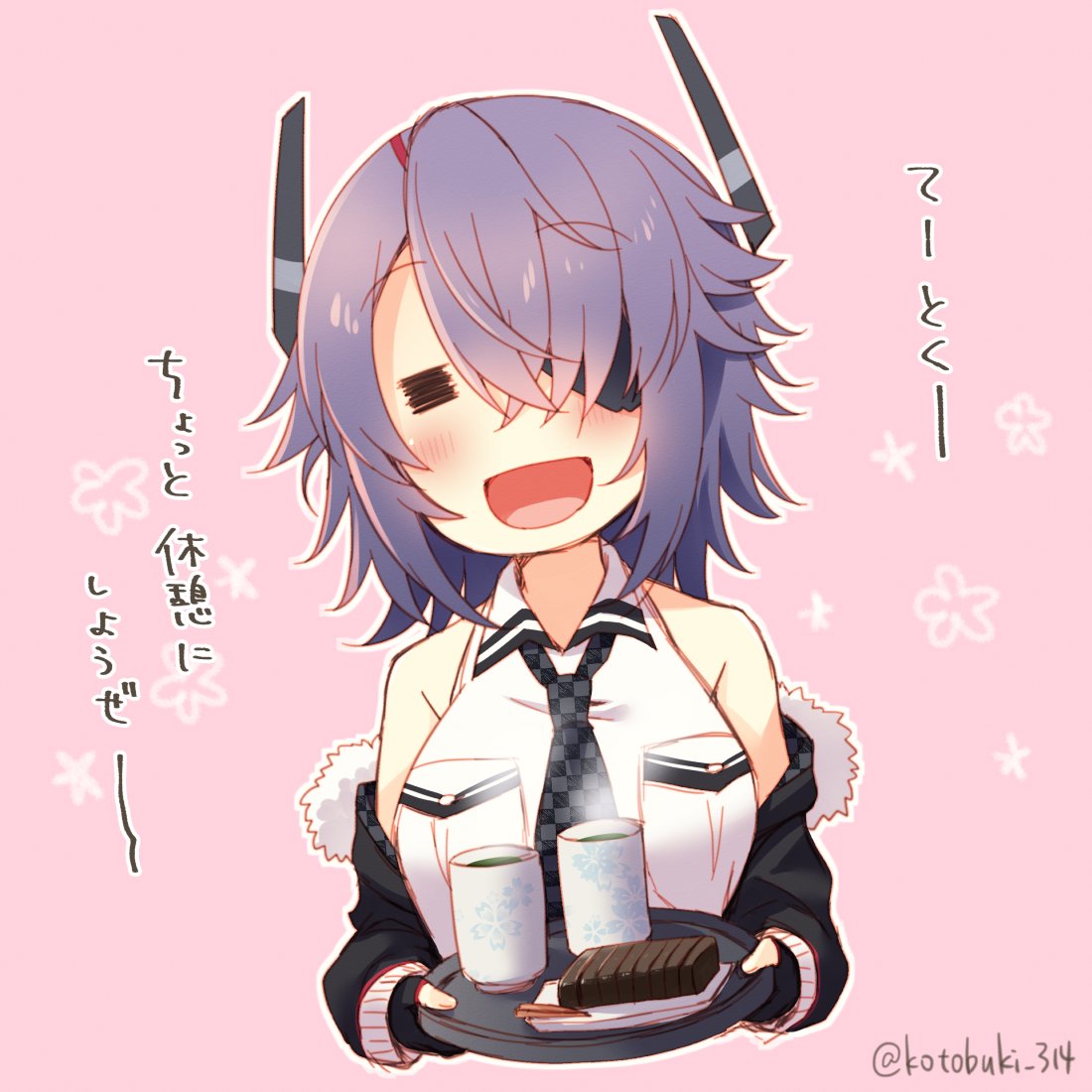 1girl =_= black_gloves black_jacket checkered checkered_neckwear commentary_request cropped_torso cup eyepatch eyes_closed food fur-trimmed_jacket fur_trim gloves headgear jacket kantai_collection kotobuki_(momoko_factory) necktie open_mouth partly_fingerless_gloves pink_background purple_hair short_hair sleeveless smile solo tenryuu_(kantai_collection) tray twitter_username wagashi yunomi