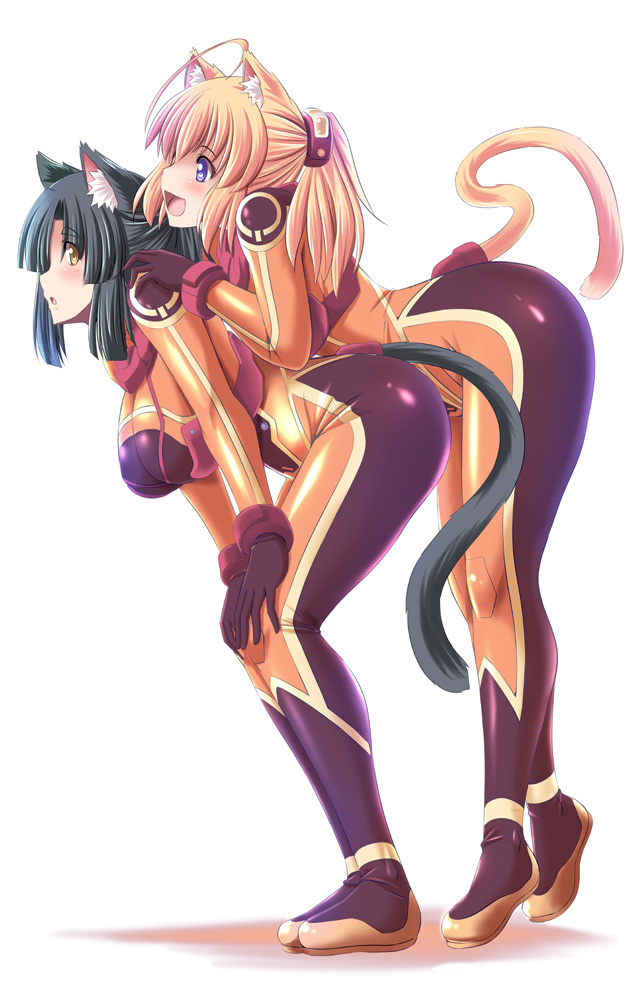 :d :o ahoge animal_ears bangs bent_over black_hair blonde_hair blue_gloves blush bodysuit breasts brown_eyes cat_ears cat_tail eyebrows_visible_through_hair from_side full_body gloves hair_ornament hands_on_another's_shoulders hands_on_own_knees hanging_breasts large_breasts long_hair looking_afar looking_at_viewer looking_to_the_side milk_(tonpuu) multiple_girls open_mouth original ponytail pudding_(tonpuu) purple_eyes shiny shiny_clothes sidelocks simple_background skin_tight smile standing tail tareme tonpuu white_background