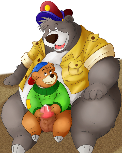 age_difference balls baloo bear bottomless censored chubby clothed clothing cub cum disney father gay half-dressed intercrural kit_cloudkicker male mammal obese open_shirt overweight parent penis shirt size_difference talespin thigh_sex unknown_artist young