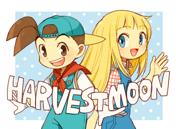 1girl baseball_cap blonde_hair blue_eyes blush brown_eyes brown_hair claire_(harvest_moon) copyright_name gloves harvest_moon harvest_moon:_friends_of_mineral_town hat long_hair open_mouth overalls posca smile white_gloves