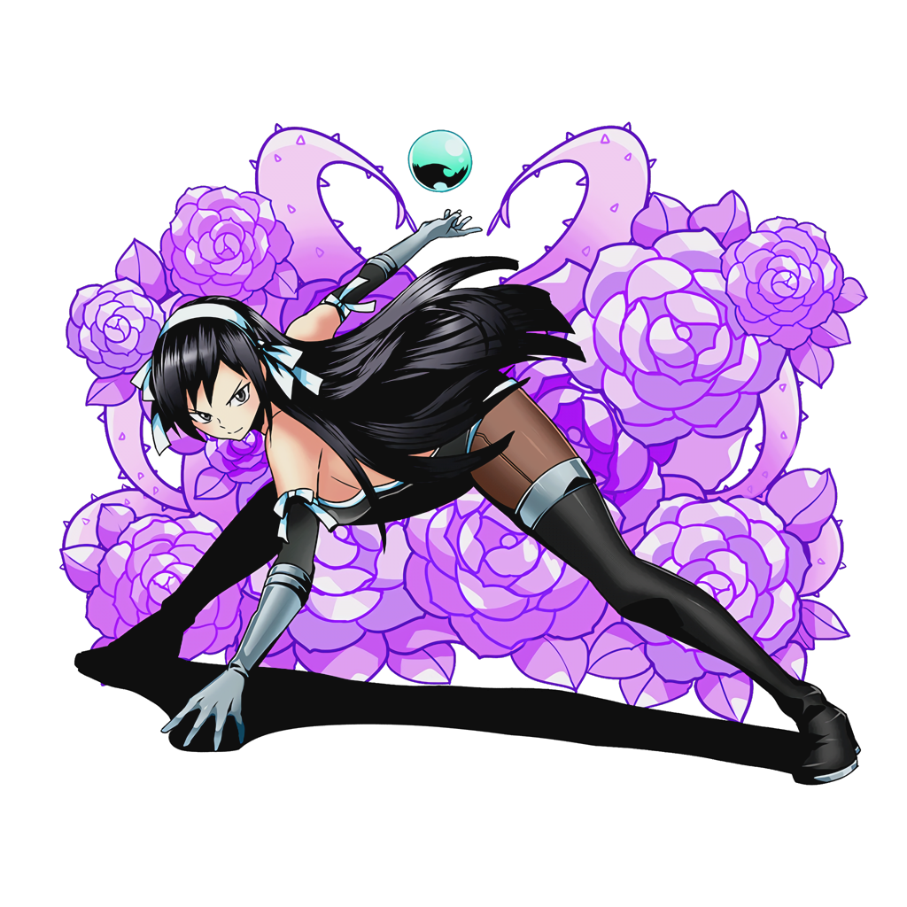 black_footwear black_hair black_legwear black_leotard boots breasts brown_eyes detached_sleeves divine_gate elbow_gloves fairy_tail full_body gloves grey_gloves hairband leotard long_hair looking_at_viewer magic medium_breasts official_art pantyhose ribbon solo thigh_boots thighhighs transparent_background ucmm ultear_milkovich very_long_hair white_hairband white_ribbon