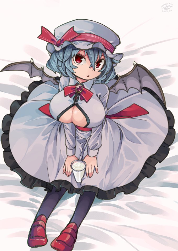 aioi_aoi bat_wings bed black_legwear blue_hair breasts cleavage cleavage_cutout commentary_request dress eyebrows_visible_through_hair frills glass hat large_breasts looking_at_viewer looking_up milk mob_cap open_mouth raised_eyebrows red_eyes red_footwear remilia_scarlet shoes solo touhou wings