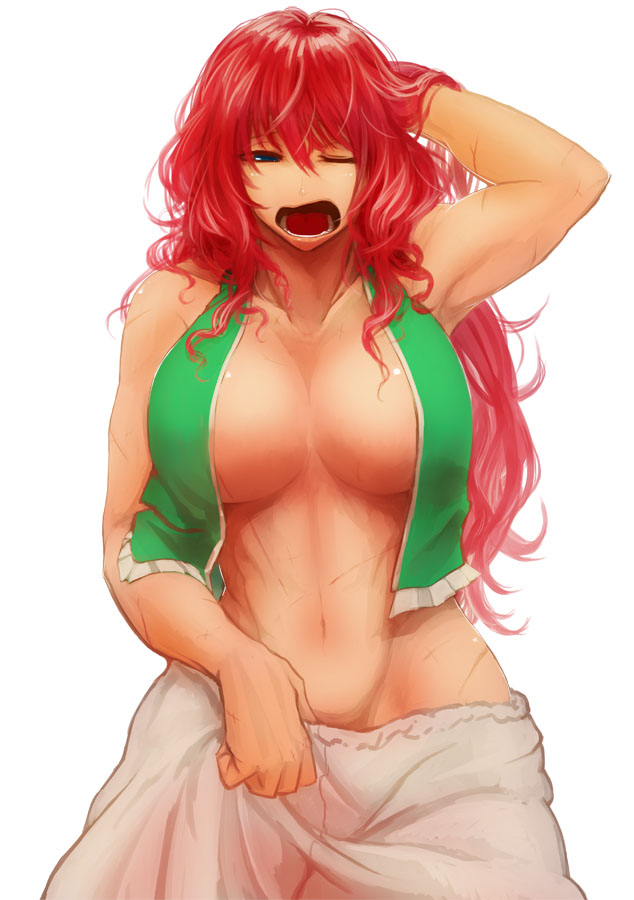 arm_up bare_arms bare_shoulders bloomers breasts cleavage collarbone groin hair_flip half-closed_eyes hong_meiling koyubi_(littlefinger1988) large_breasts long_hair loose_clothes messy_hair muscle muscular_female navel no_bra no_panties one_eye_closed open_clothes open_mouth open_vest red_hair scar shiny shiny_skin simple_background solo tired touhou underwear vest waking_up white_background yawning