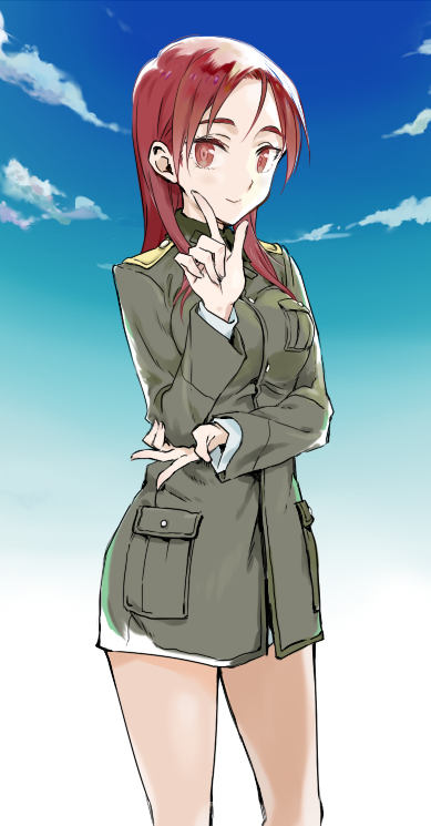 blue_sky brown_eyes brown_hair cloud day homare_(homaredai) long_hair looking_at_viewer military military_uniform minna-dietlinde_wilcke no_panties red_hair sketch sky smile solo strike_witches uniform world_witches_series