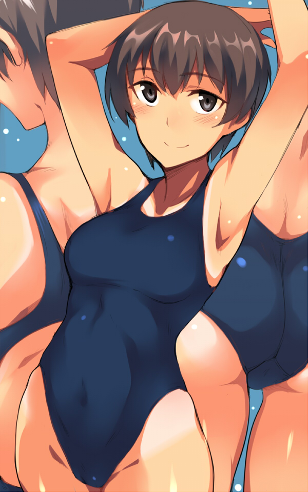 armpits arms_up ass bangs blue_background blush brown_eyes brown_hair closed_mouth commentary_request competition_swimsuit covered_navel cowboy_shot em eyebrows_visible_through_hair from_behind hips looking_at_viewer multiple_views nape one-piece_swimsuit original short_hair simple_background smile swimsuit tan tanline thighs upper_body