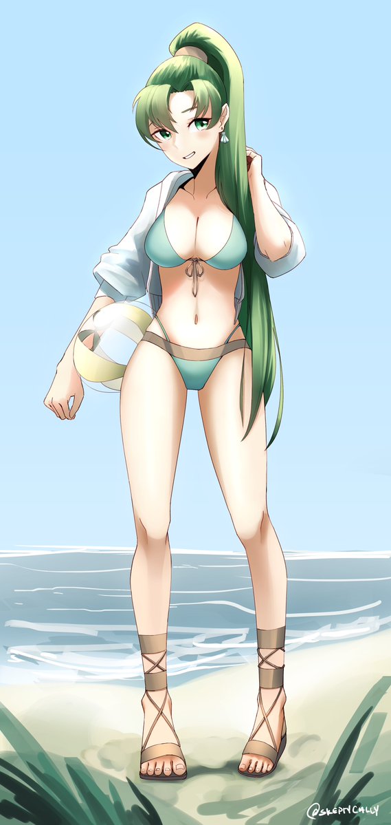 1girl ball bangs beach beachball bikini blue_bikini blue_sky blush breasts cleavage collarbone commentary_request day earrings eyebrows fire_emblem fire_emblem:_rekka_no_ken fire_emblem_heroes full_body green_eyes green_hair jewelry long_hair long_ponytail looking_at_viewer lyndis_(fire_emblem) medium_breasts navel nintendo ocean parted_lips ponytail seashell_earrings skeptycally sky solo standing swimsuit toes twitter_username water