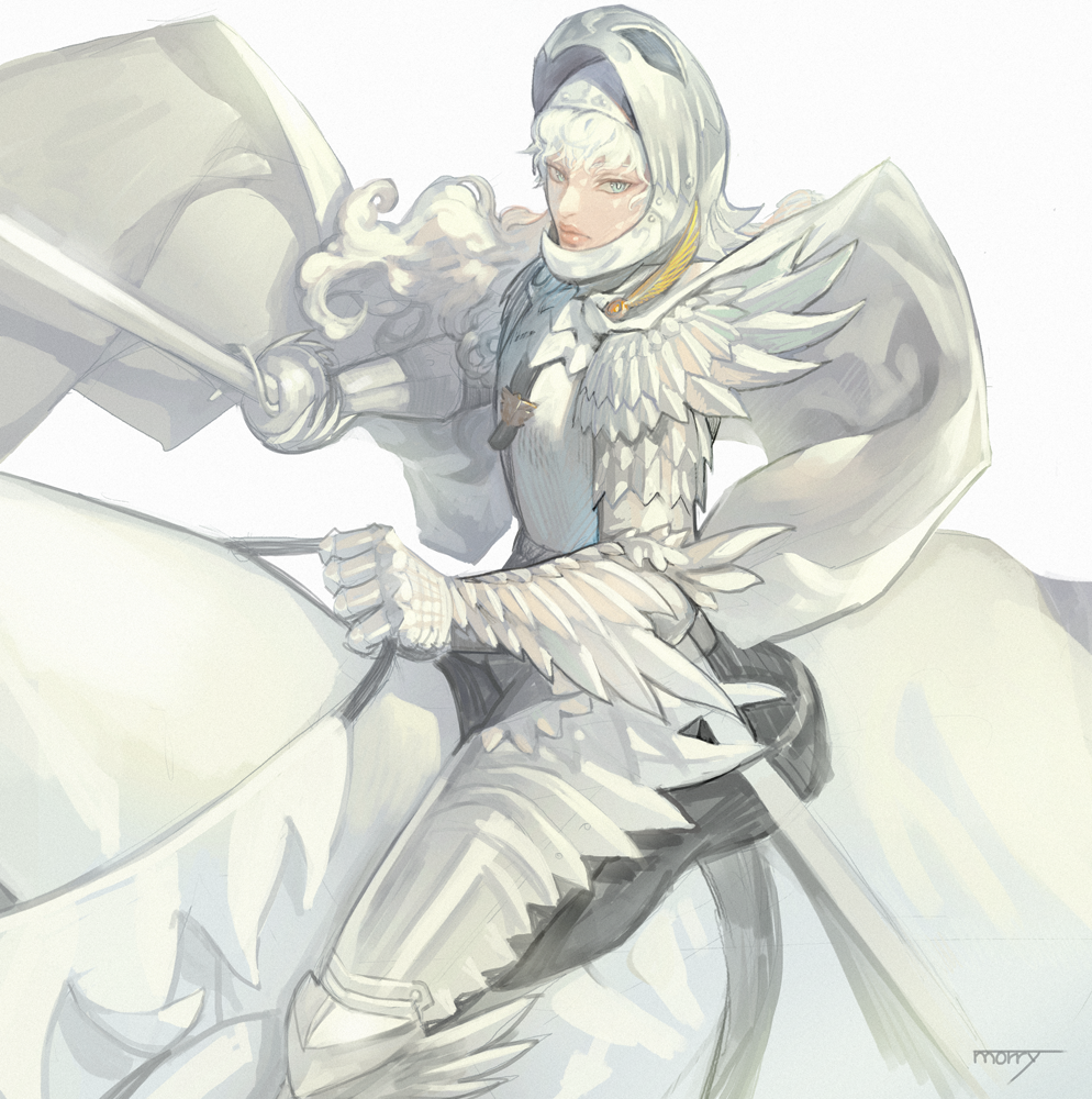 1boy armor berserk blue_eyes cape gauntlets griffith helmet holding holding_sword holding_weapon horse light_blue_eyes long_hair na_in-sung pauldrons rapier riding saddle scabbard sheath signature simple_background sitting solo strap sword vambraces weapon white_background white_cape white_hair