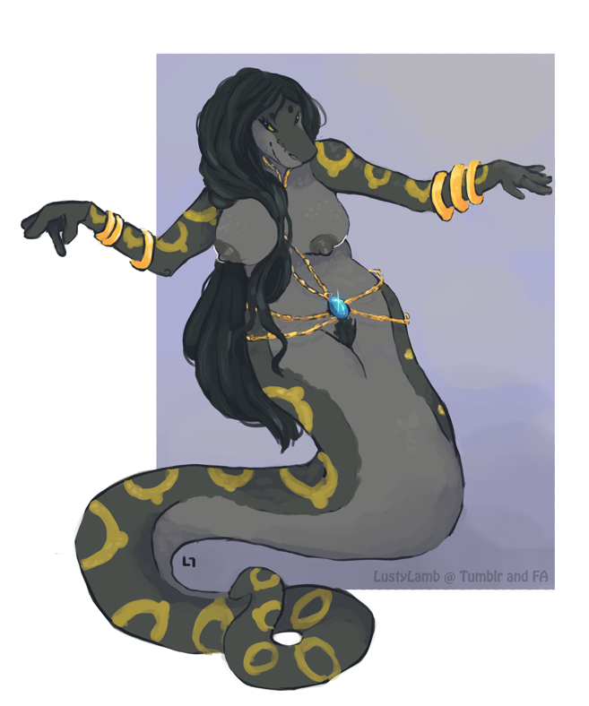 body_jewelry breasts dancing female hair lazybutts long_hair lustylamb naga reptile scalie snake
