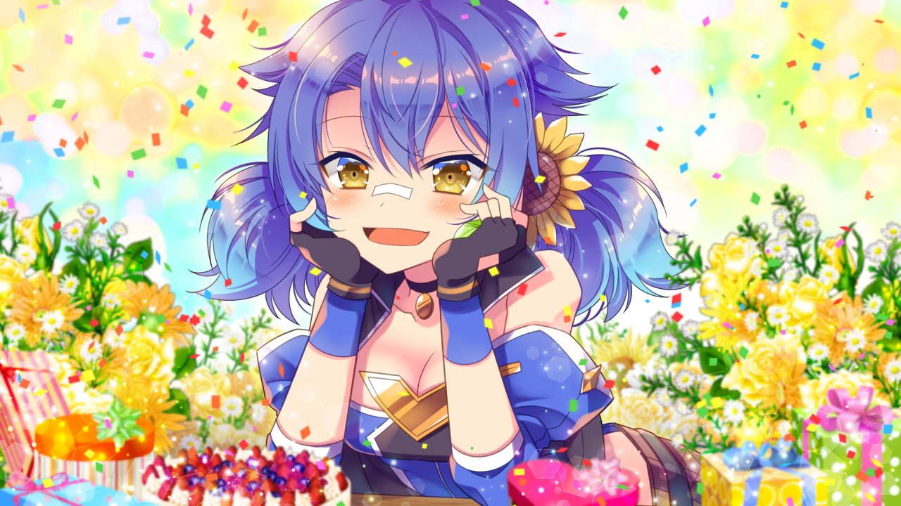 1girl bandaid bandaid_on_nose bangs bare_shoulders blue_hair blush breasts cake choker cleavage commentary confetti detached_sleeves fingerless_gloves flower food gift gloves hair_between_eyes hair_flower hair_ornament hero_channel jacket looking_at_viewer low_twintails medium_breasts medium_hair minamori_hero open_clothes open_jacket open_mouth sakura_tsubame sleeveless_jacket smile solo sunflower sunflower_hair_ornament twintails virtual_youtuber yellow_eyes