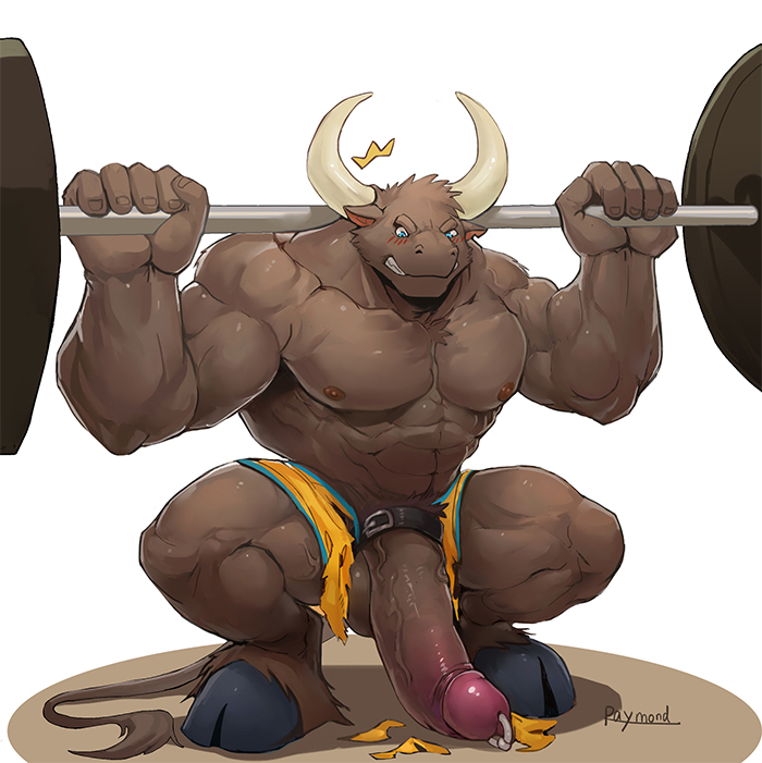 2017 abs anthro athletic belly belt biceps big_biceps big_muscles big_penis blue_eyes blush bovine brown_penis brown_skin cattle clenched_teeth clothed clothing cock_ring crouching erection front_view genital_piercing holding_object hooves horn huge_muscles huge_penis humanoid_penis kneeling long_penis male mammal muscular muscular_male nipples nude pants partially_clothed pecs penis penis_piercing piercing pose pubes raymond158 signature simple_background smile solo standing teeth thick_penis torn_clothing vein veiny_penis weights white_background white_horn work_out