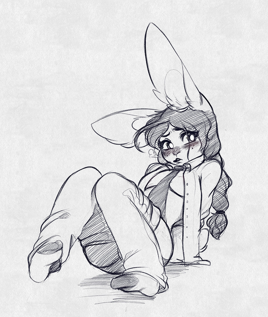 anthro blush clothed clothing female higgyy lagomorph looking_at_viewer mammal monochrome rabbit sitting sketch solo
