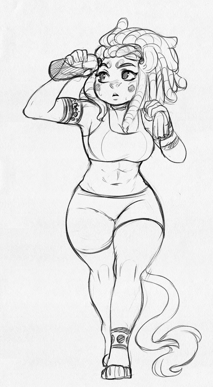 anthro dreadlocks female higgyy mammal monkey monochrome primate sketch solo standing thick_thighs water_bottle