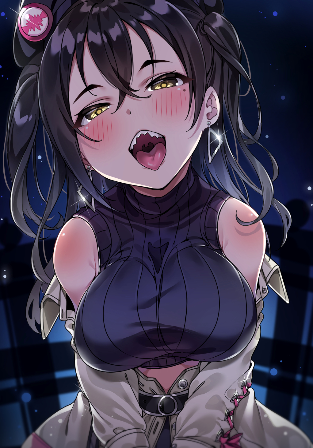 1girl bangs belt black_hair blurry blurry_background blush breasts buckle casual commentary cropped_sweater earrings eyebrows_visible_through_hair glint grey_jacket hair_between_eyes hair_ornament head_tilt highres idolmaster idolmaster_cinderella_girls idolmaster_cinderella_girls_starlight_stage jacket jewelry large_breasts long_hair looking_at_viewer mole mole_under_eye night off_shoulder open_mouth pov purple_sweater ribbed_sweater sharp_teeth sleeveless_sweater solo sunazuka_akira sweater symbol_commentary teeth tem10 tongue tongue_out two_side_up yellow_eyes