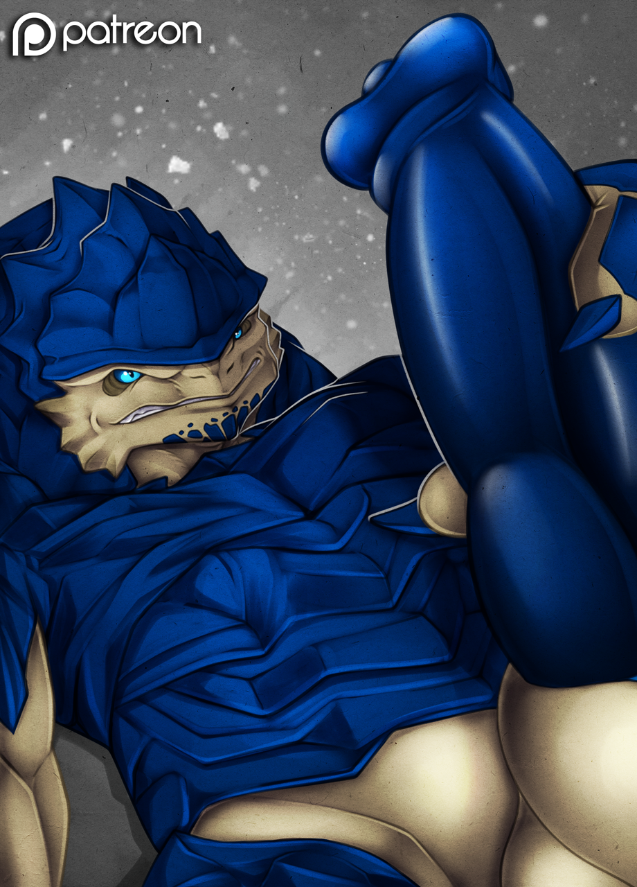 alien anthro armor balls bioware claws close-up clothed clothing erection fan_character fleki krogan long_penis male mass_effect microphone_(character) penis sharp_claws sharp_teeth smile solo teeth thick_penis video_games