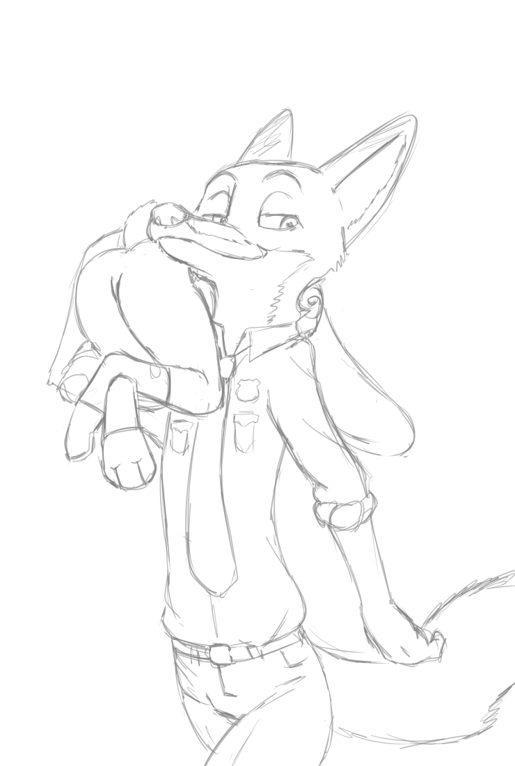 2017 akiric anthro black_and_white butt canine carrying clothed clothing disney duo female fox judy_hopps lagomorph male mammal monochrome nick_wilde on_shoulder rabbit romantic_couple simple_background smile white_background zootopia