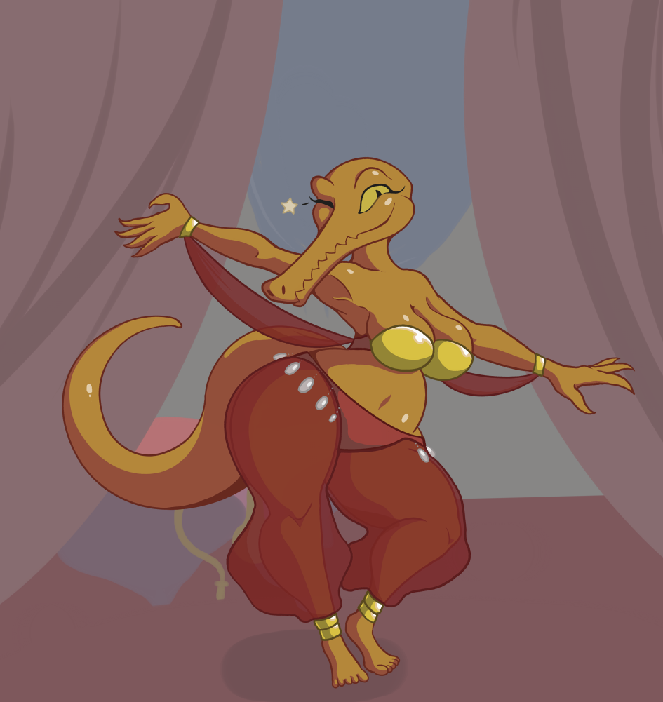 armpits belly_dancer bellydancing breasts cleavage clothed clothing female liarborn lizard reptile scalie sefsefse skimpy slightly_chubby thick_thighs wide_hips