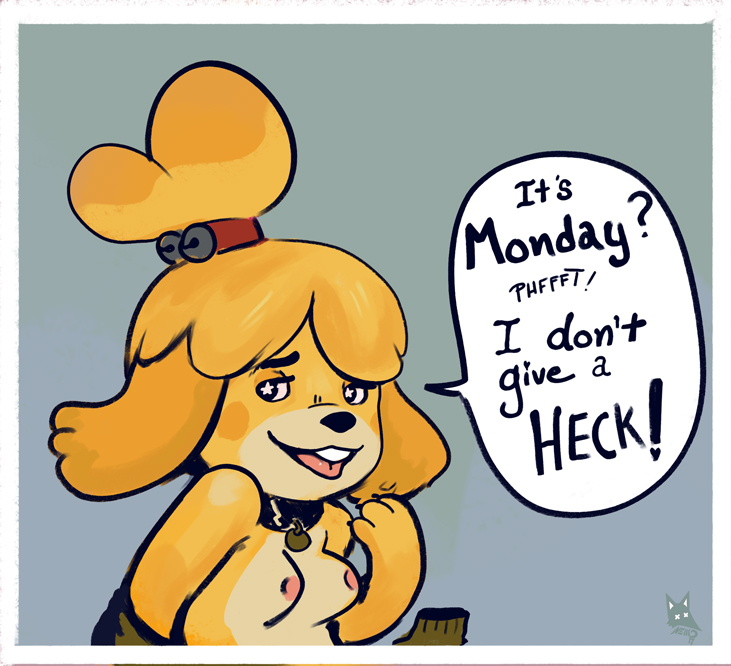 animal_crossing anthro bell breasts canine caption cute digital_media_(artwork) dog english_text female fur hair isabelle_(animal_crossing) mammal monday newd nintendo nipples nude open_mouth star_eyes swears text tongue toony video_games