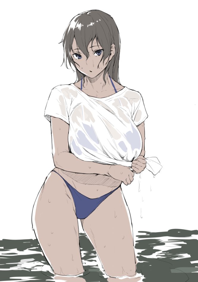 1girl bikini black_hair blue_bikini blue_eyes breasts contrapposto cowboy_shot dark_skin large_breasts looking_at_viewer medium_hair navel obmas_(pfeito) original parted_lips see-through shirt solo standing swimsuit thighs wading wet wet_clothes wet_hair wet_shirt wringing_clothes